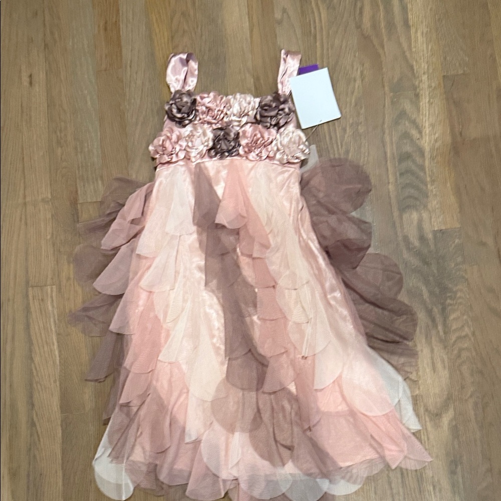 Biscotti Pink and Taupe Ruffled Floral-Trim Formal Dress